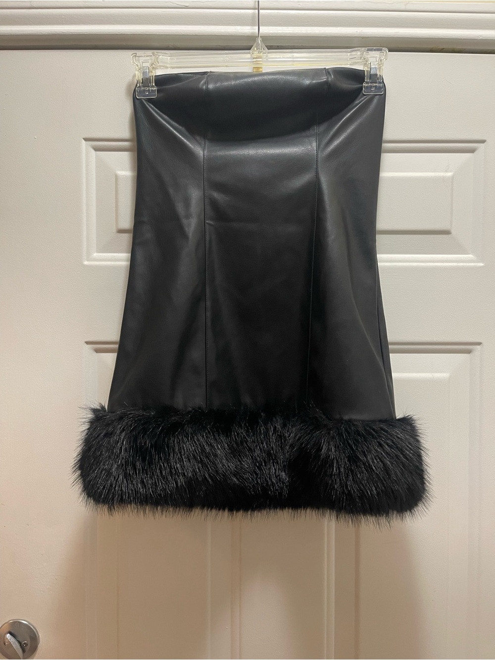 Dolls Kill Black Vegan Leather strapless mini dress faux fur trim.